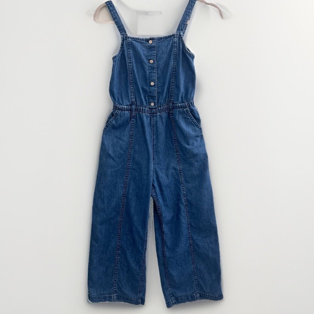 Gap Girl Denim Wide Leg Jumpsuit Overalls Blue Button Elastic Waist LARGE 10
